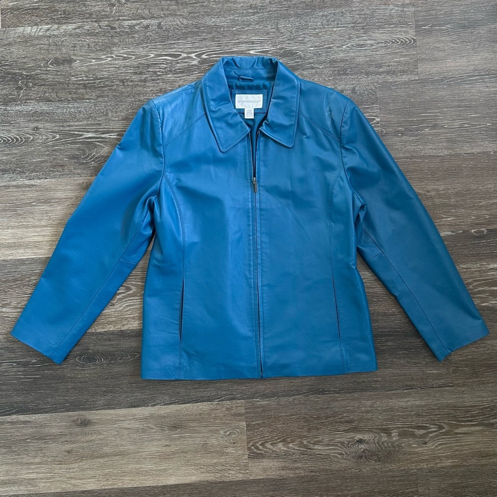 Worthington Blue Leather Jacket Women's XL Genuine Nappa Pigskin Zip Up VTG
